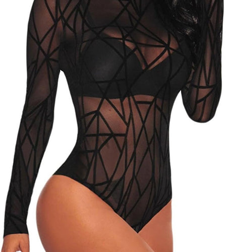 Long Sleeve Bodysuit for Women Mesh Bodysuit Turtleneck Sheer Tops Geo Print Leotards S-XXL