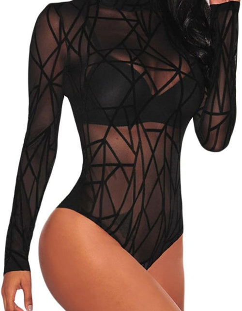 Load image into Gallery viewer, Long Sleeve Bodysuit for Women Mesh Bodysuit Turtleneck Sheer Tops Geo Print Leotards S-XXL
