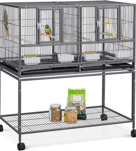 41.5" Stackable Divided Breeder Breeding Parakeet Bird Cage for Canaries Cockatiels Lovebirds Finches Budgies Small Parrots with Rolling Stand, Black