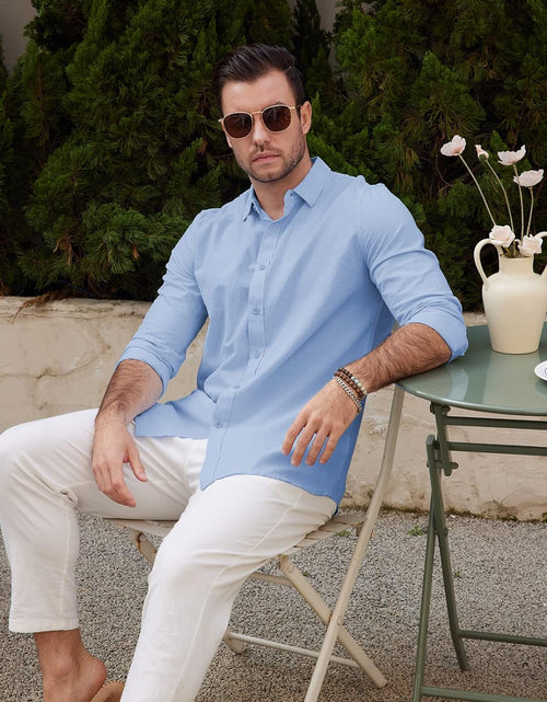 Load image into Gallery viewer, Mens Long Sleeve Casual Cotton Linen Shirts Buttons down Summer Solid Plain Beach Yoga T Shirts
