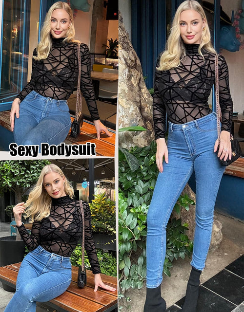 Load image into Gallery viewer, Long Sleeve Bodysuit for Women Mesh Bodysuit Turtleneck Sheer Tops Geo Print Leotards S-XXL
