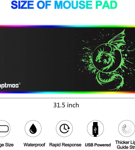 Large RGB Mouse Pad Anime Dragon Mouse Mat LED with 15 Lighting Modes for Gaming 31.5 X 12 Inch (Green)